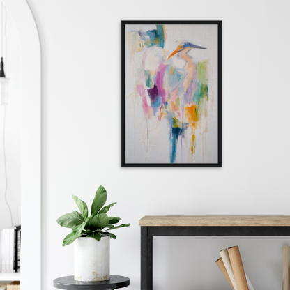 Abstract painting with vibrant brushstrokes in a black frame for Effervescent Avian Dreams