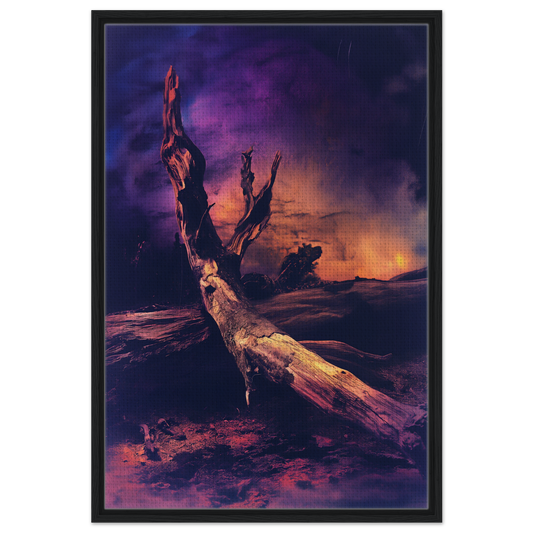 Gnarled tree trunk against a dramatic sky in Efflorescent Dusk Reverie framed canvas print