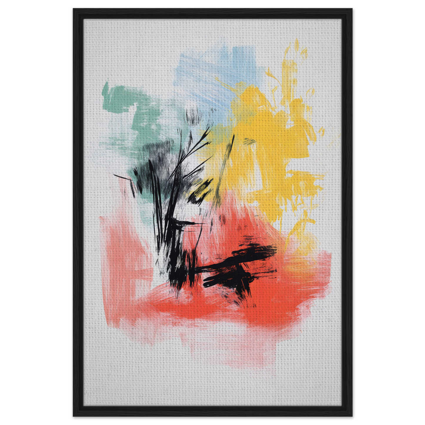 Abstract painting with colorful brushstrokes and black marks, Electric Chaos Harmony framed canvas print