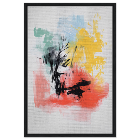 Abstract painting with colorful brushstrokes and black marks, Electric Chaos Harmony framed canvas print