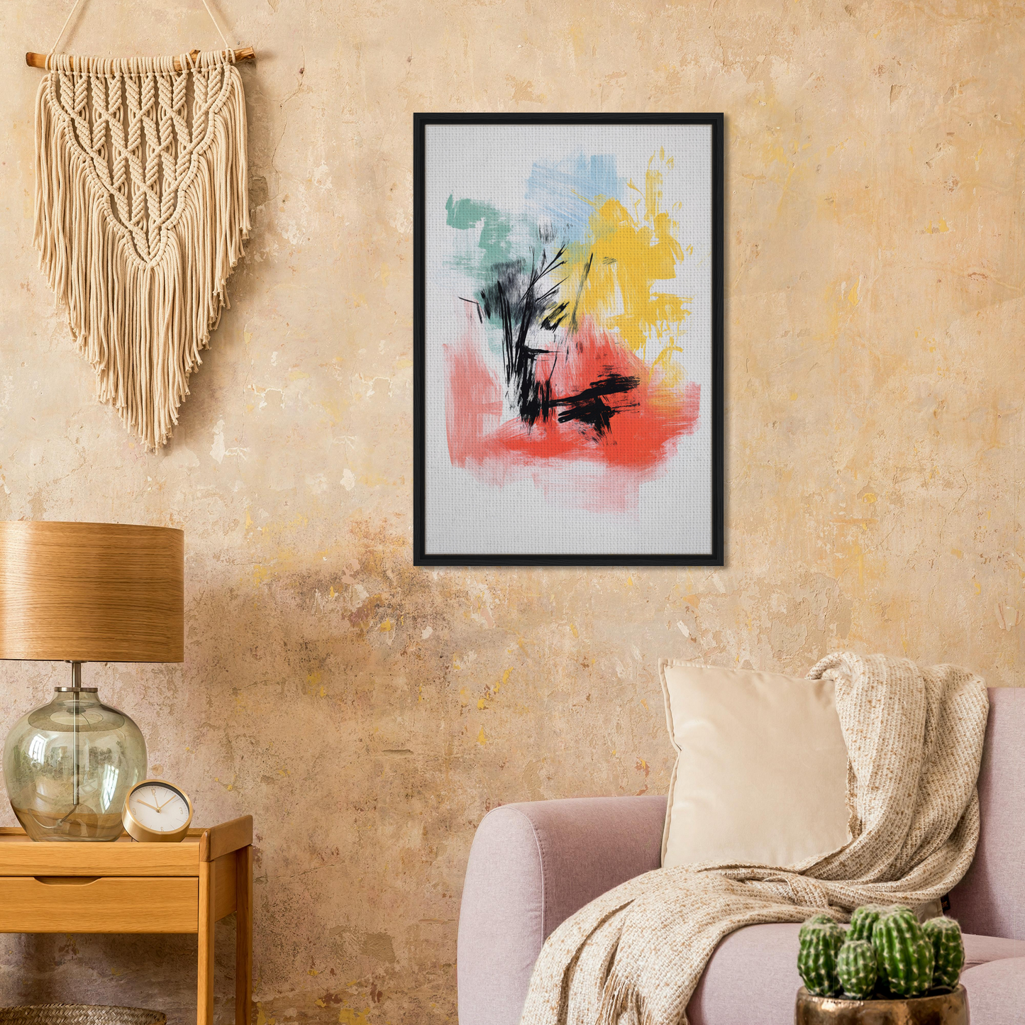 Colorful abstract painting in black frame for Electric Chaos Harmony room decor