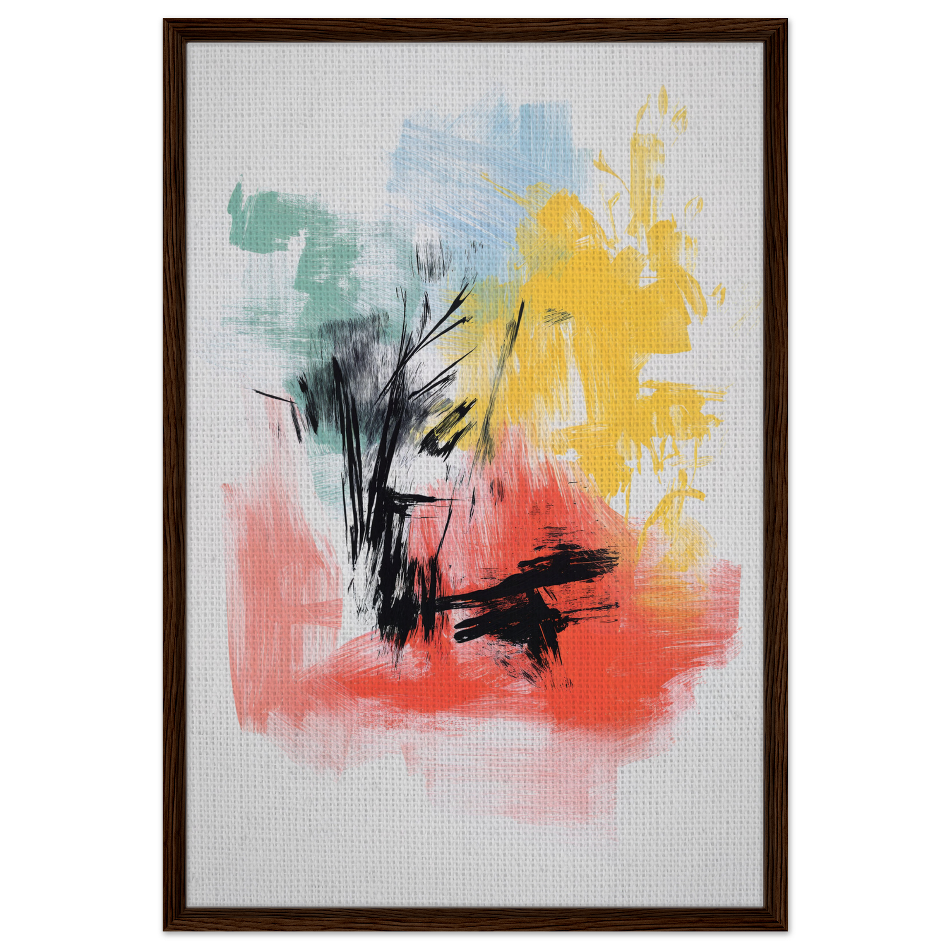 Abstract painting with colorful brushstrokes on a white canvas, Electric Chaos Harmony framed canvas print
