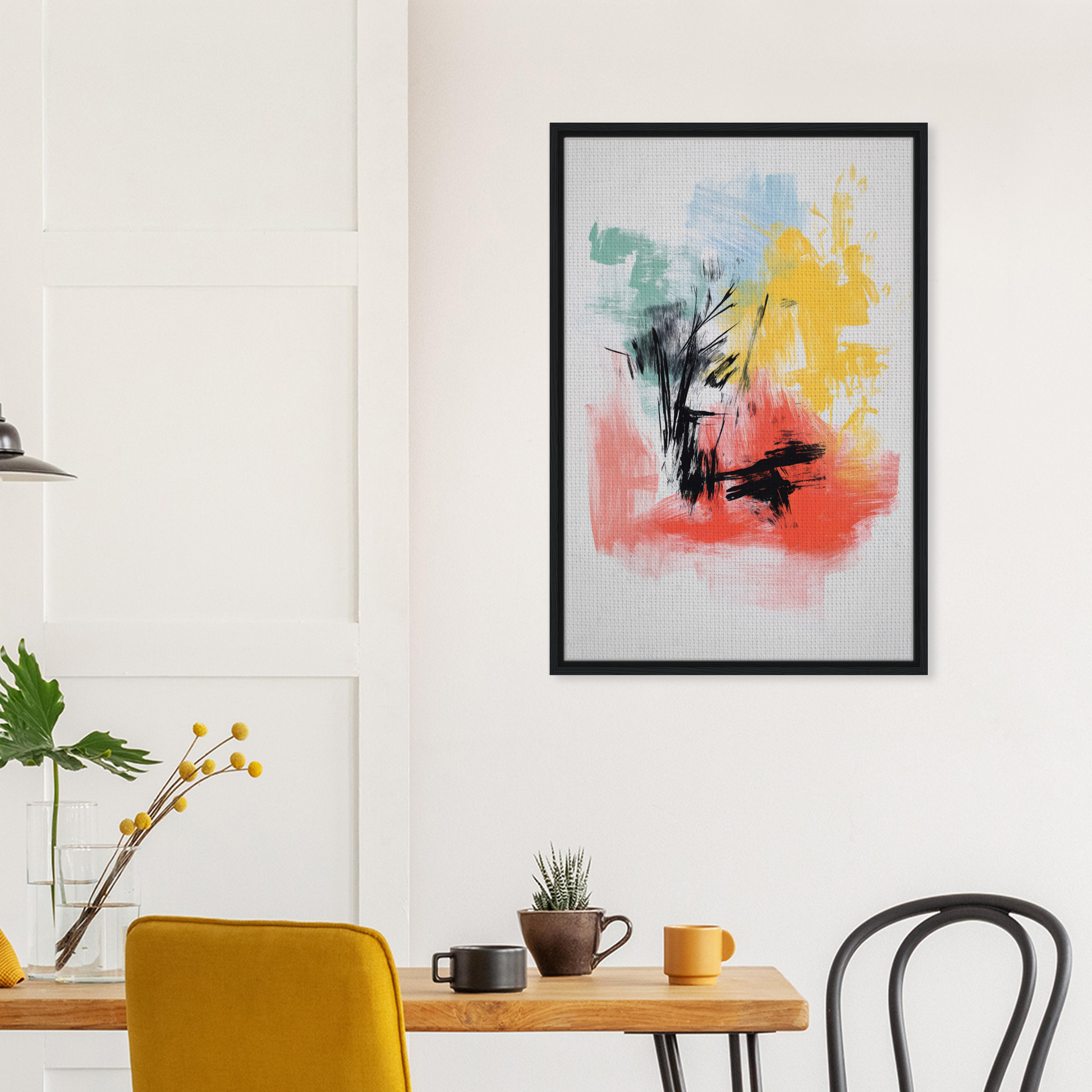 Abstract painting with colorful brushstrokes in a black frame for Electric Chaos Harmony room decor