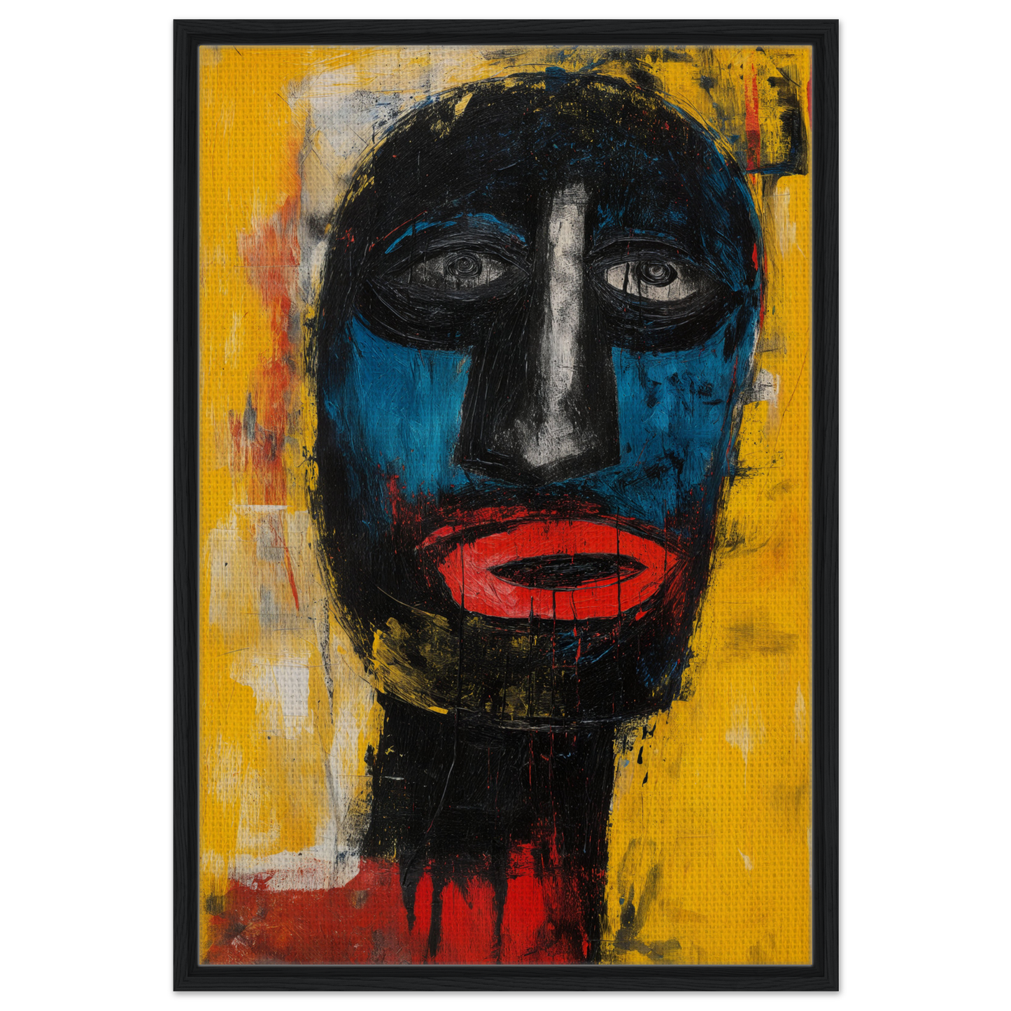 Abstract portrait featuring bold colors and contrasts from Electric Sapphire Gazes for room decor