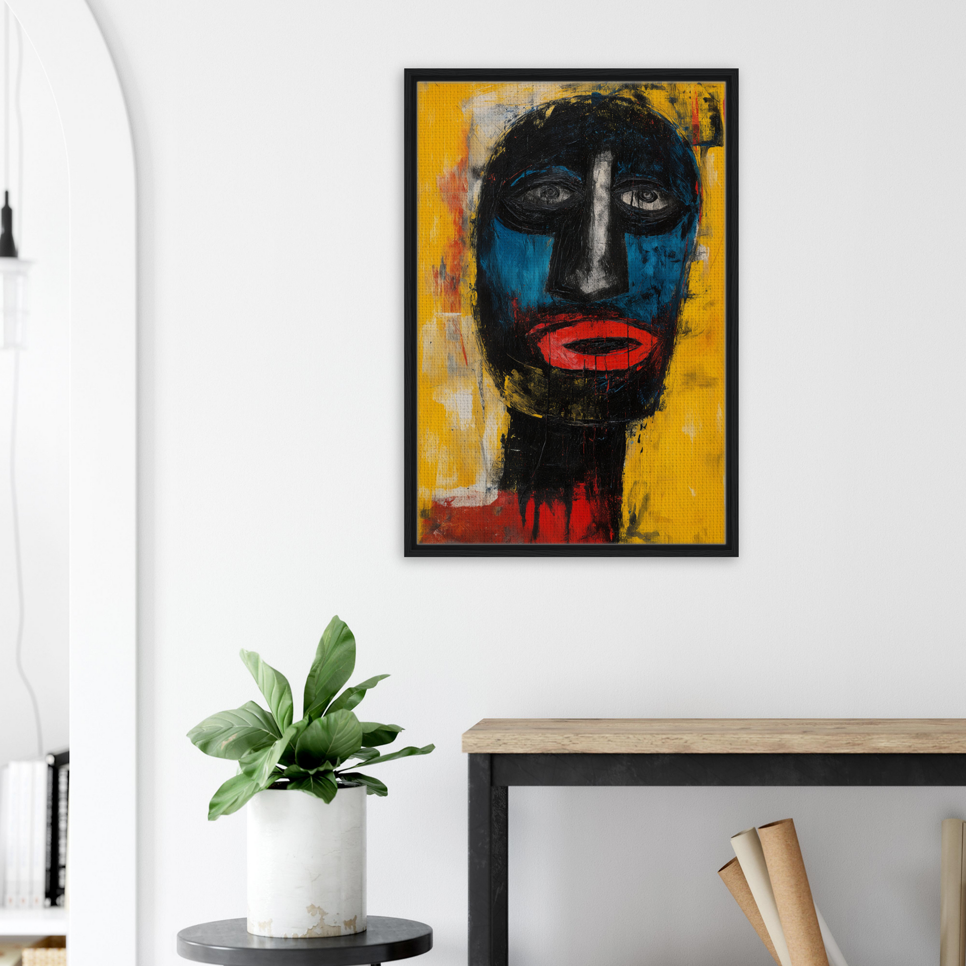 Abstract portrait painting with bold colors for Electric Sapphire Gazes room decor