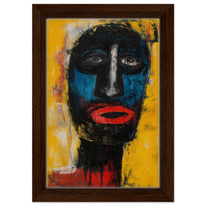 Abstract portrait painting featuring dark face on vibrant yellow, Electric Sapphire Gazes decor