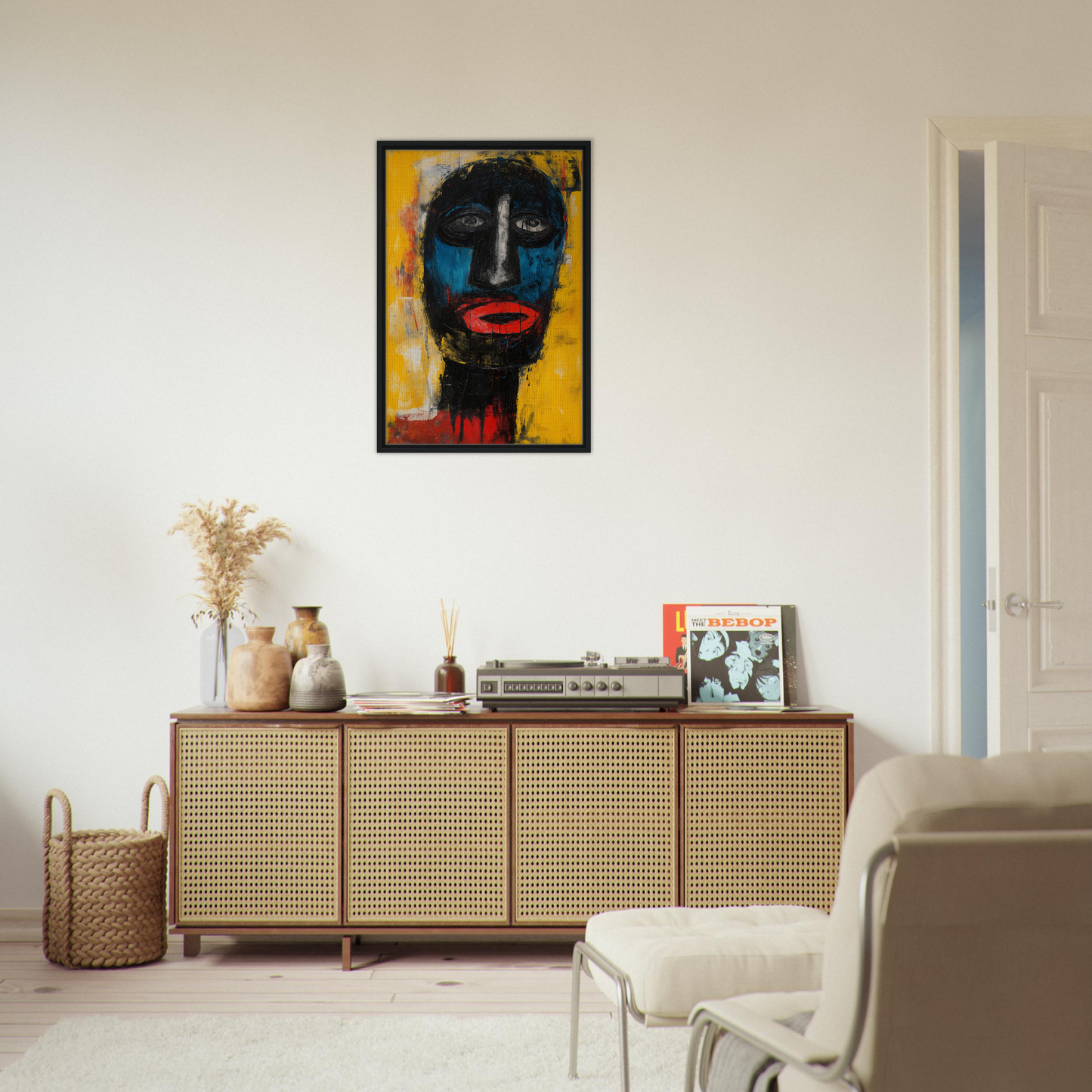 Abstract portrait painting in bold colors, framed canvas print titled Electric Sapphire Gazes