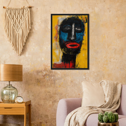 Vibrant abstract portrait painting with blue highlights for Electric Sapphire Gazes room decor