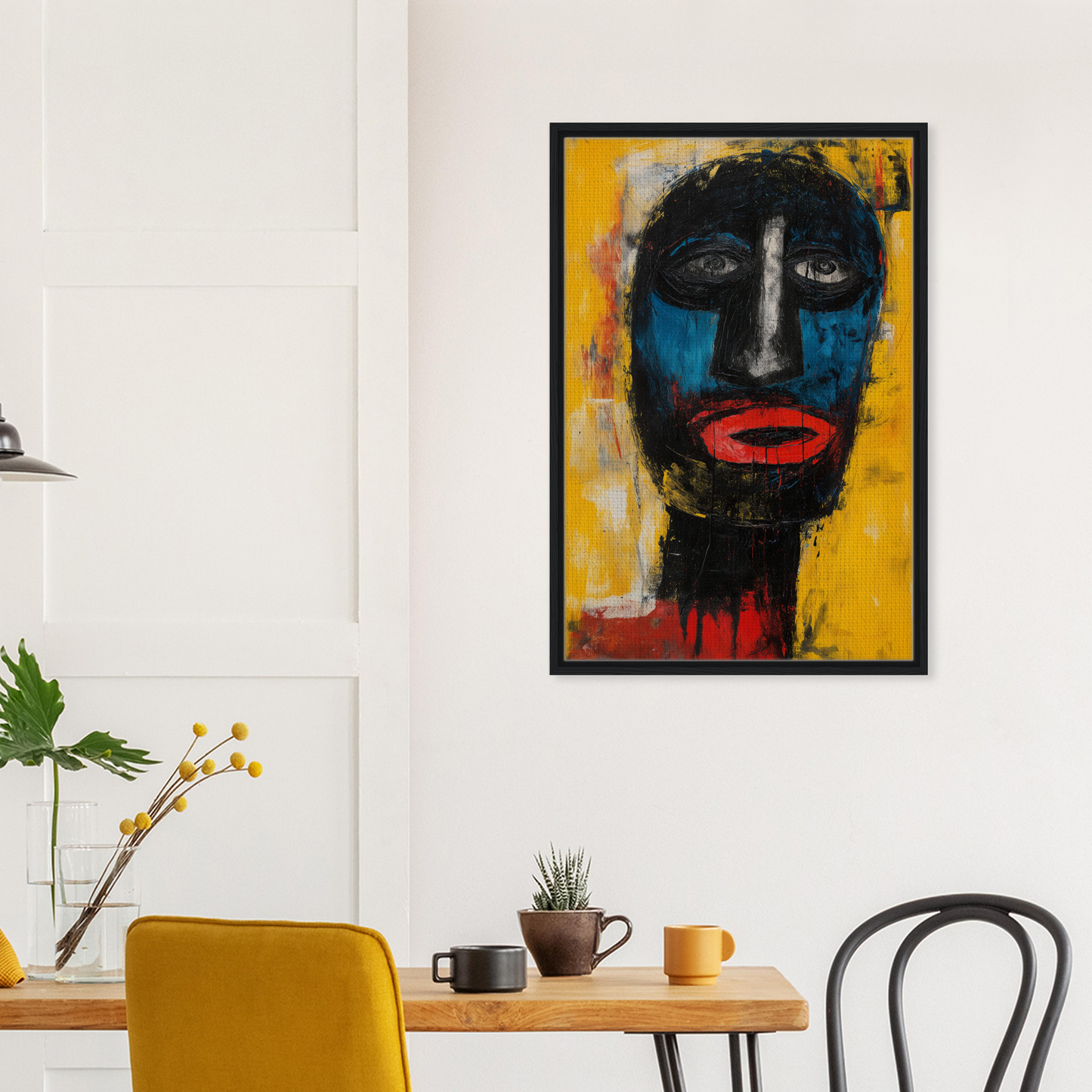 Abstract portrait with dark face, blue eyes, and red lips for Electric Sapphire Gazes