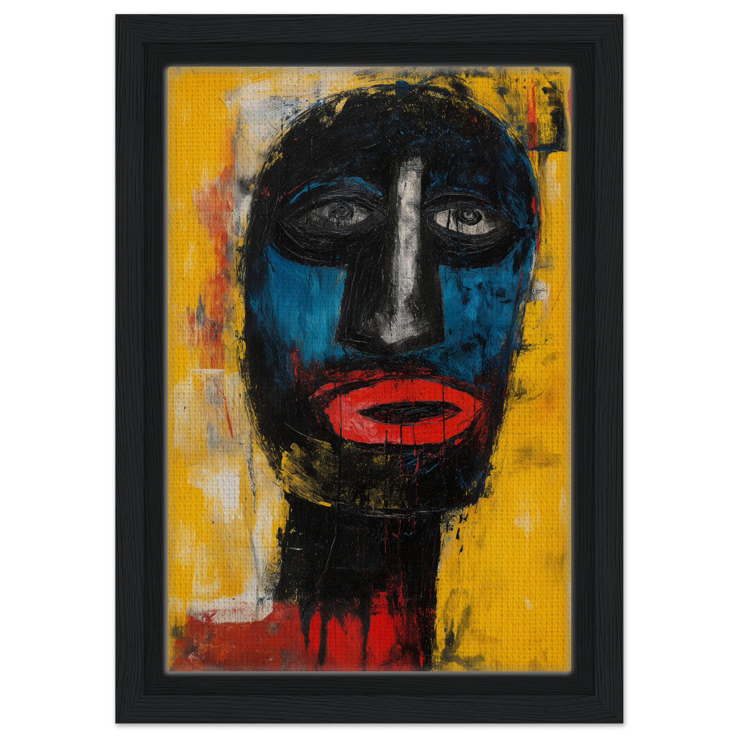 Abstract portrait with bold colors in Electric Sapphire Gazes framed canvas print