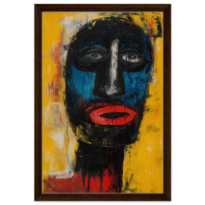 Abstract portrait painting with dark face on vibrant yellow background for Electric Sapphire Gazes