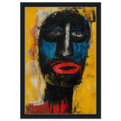 Abstract portrait featuring bold colors in Electric Sapphire Gazes framed canvas print