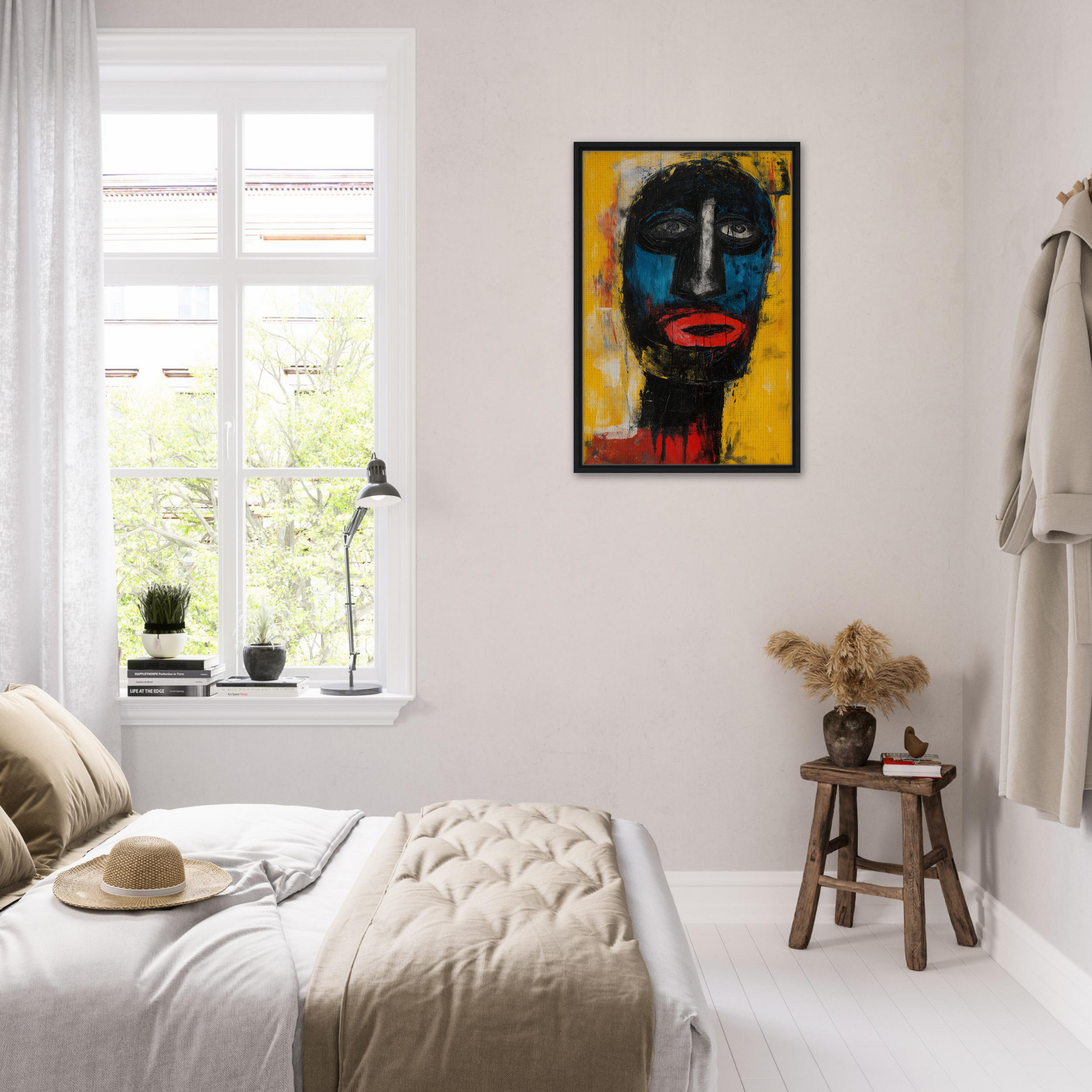 Bright abstract portrait painting in a black frame titled Electric Sapphire Gazes for stylish room decor