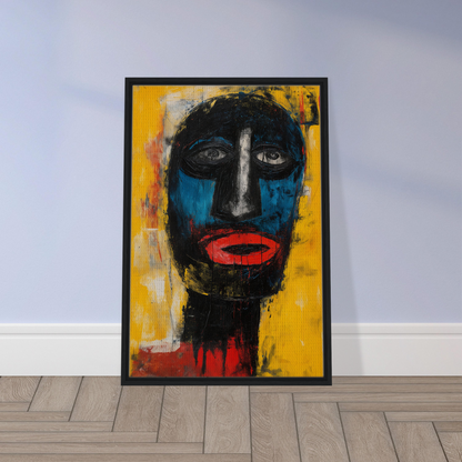 Abstract portrait painting with dark face, blue cheeks, and red lips for Electric Sapphire Gazes