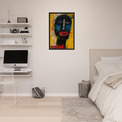 Vibrant abstract portrait painting titled Electric Sapphire Gazes in a black frame