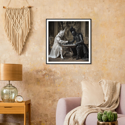 Framed black and white photograph of Elegant Chess Duel on textured beige wall