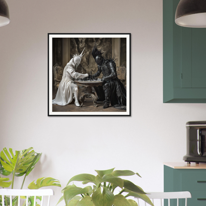 Framed black and white photo of an elegant chess duel between two costumed figures