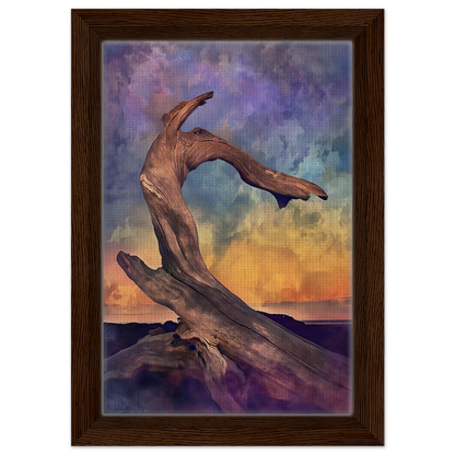 Twisted driftwood sculpture in Elemental Reverie against a colorful sky, framed canvas print