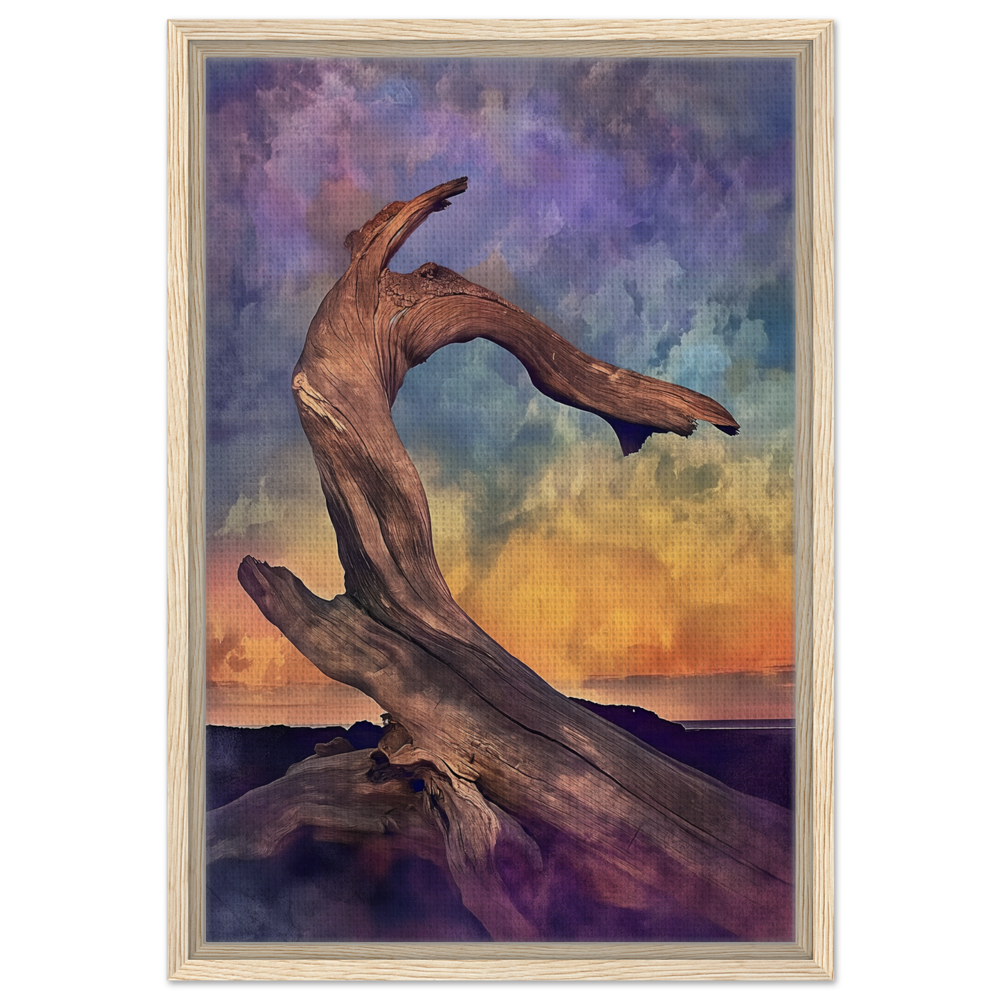 Twisted driftwood with branch-like shape in Elemental Reverie framed canvas print