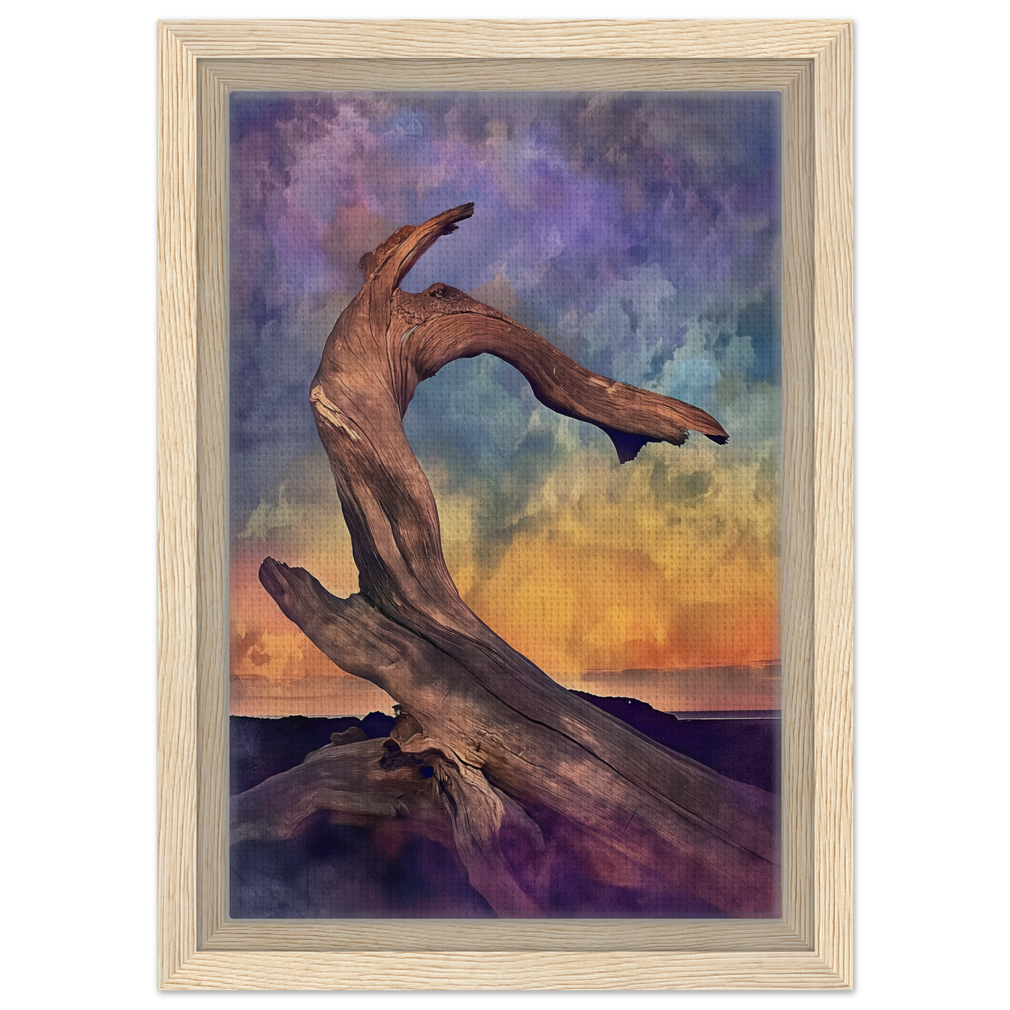 Twisted driftwood with a curved shape at sunset for Elemental Reverie room decor