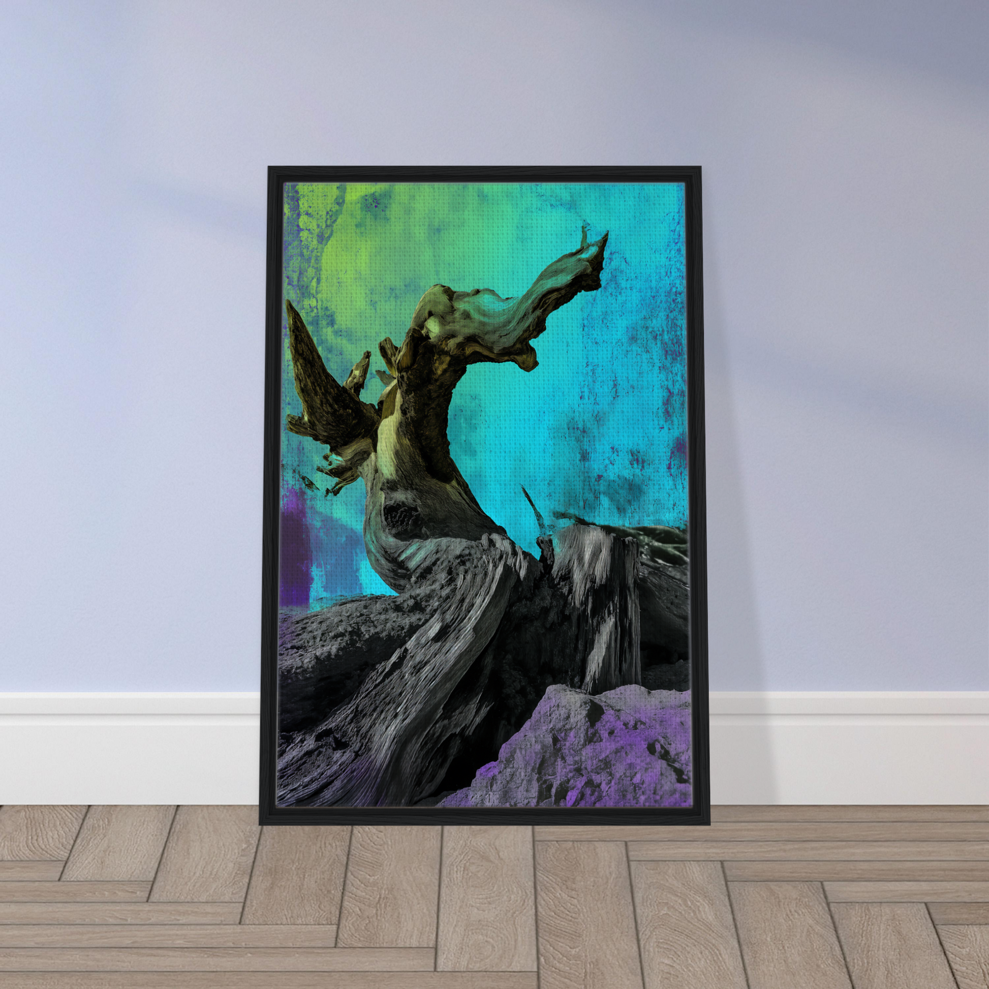 Gnarled tree trunk and twisted branches in Elysian Roots Yearning framed canvas print