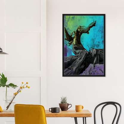 Framed canvas print of Elysian Roots Yearning featuring a gnarled tree on blue-green backdrop