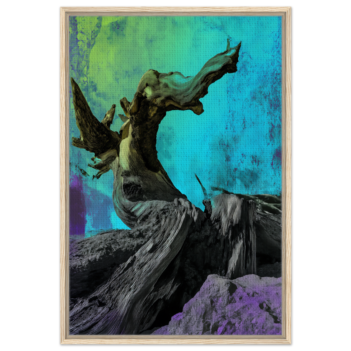 Elysian Roots Yearning framed canvas print of gnarled tree trunk against vibrant backdrop