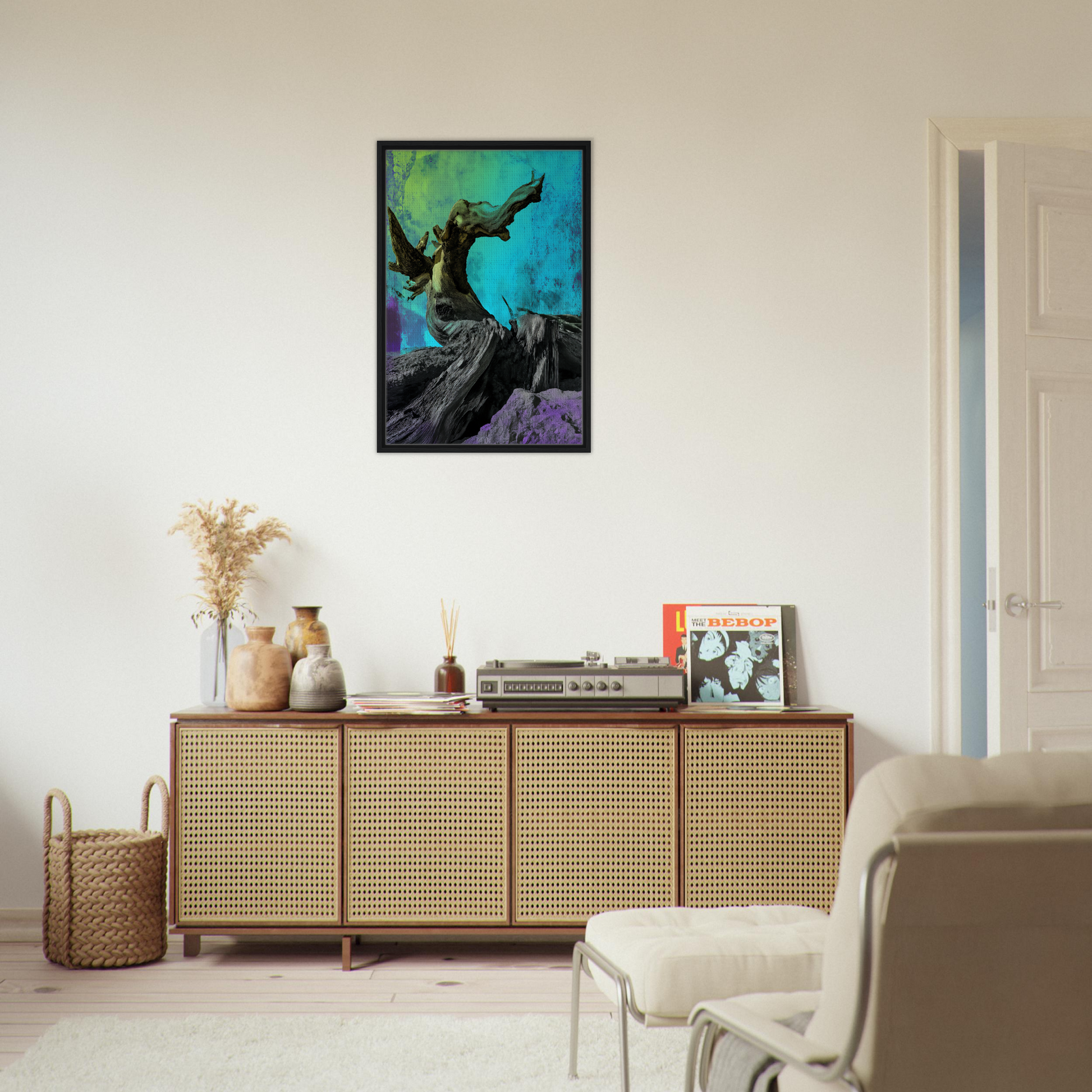 Framed canvas print of Elysian Roots Yearning with silhouetted figure on vibrant background