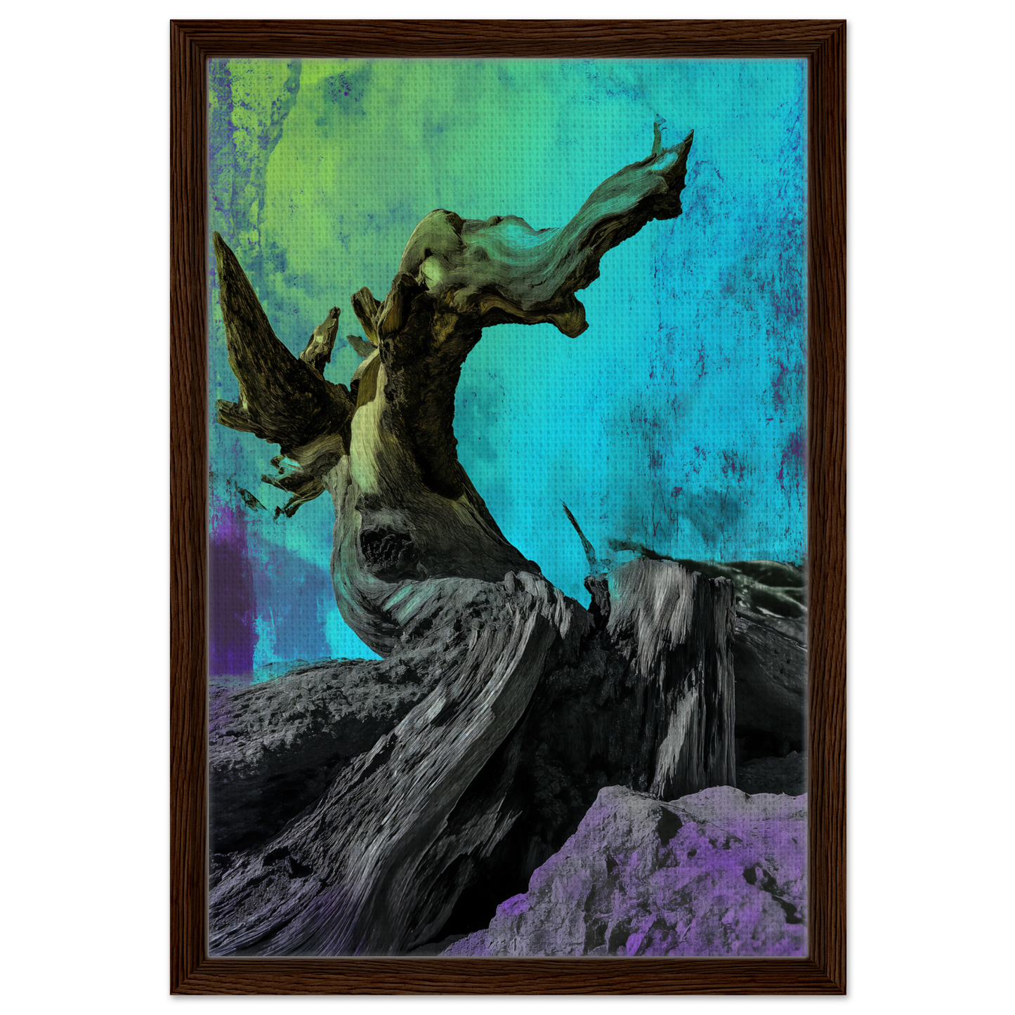 Gnarled tree trunk with bare branches in Elysian Roots Yearning room decor design