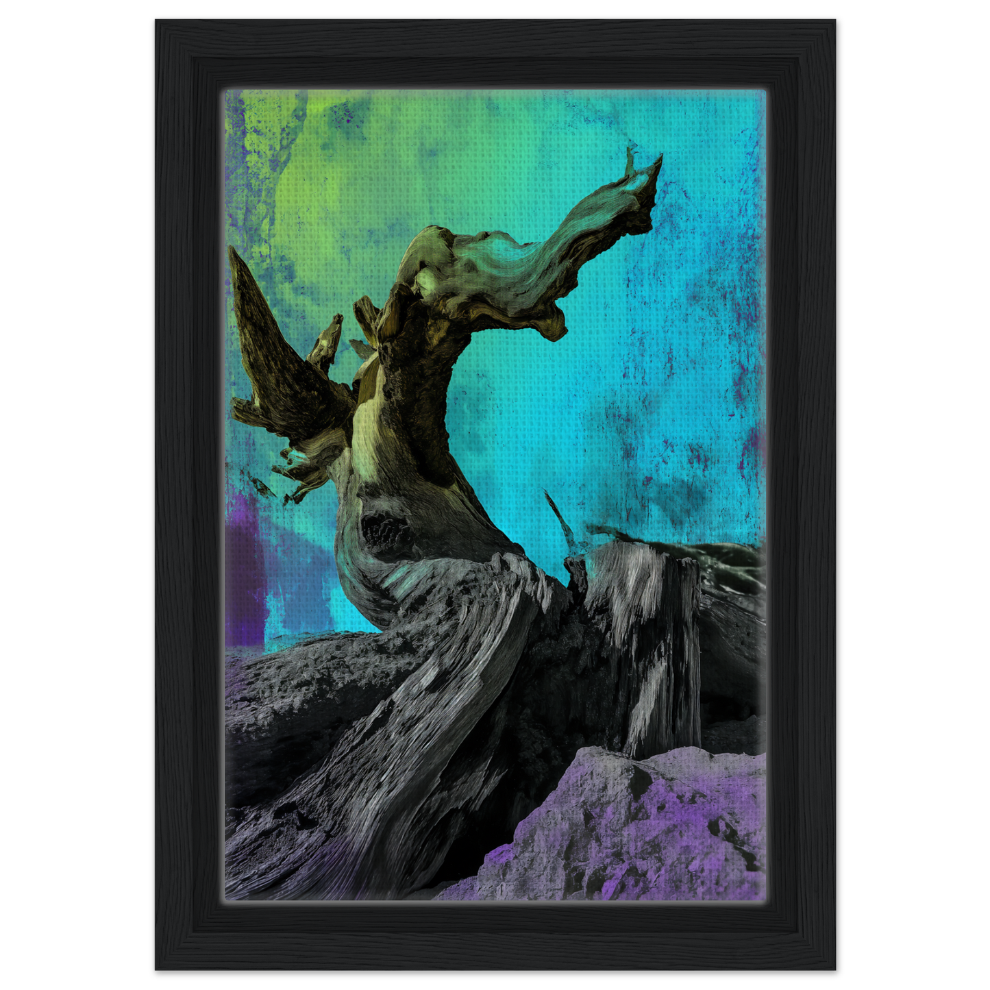 Twisted tree trunk with bare branches against vibrant turquoise and purple in Elysian Roots Yearning