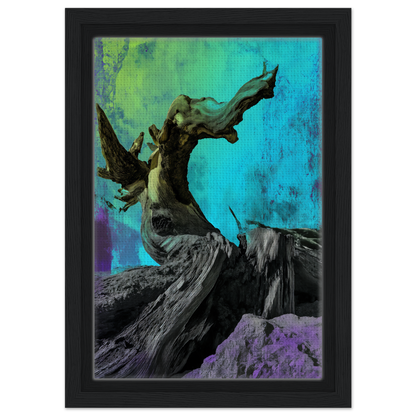 Twisted tree trunk with bare branches against vibrant turquoise and purple in Elysian Roots Yearning