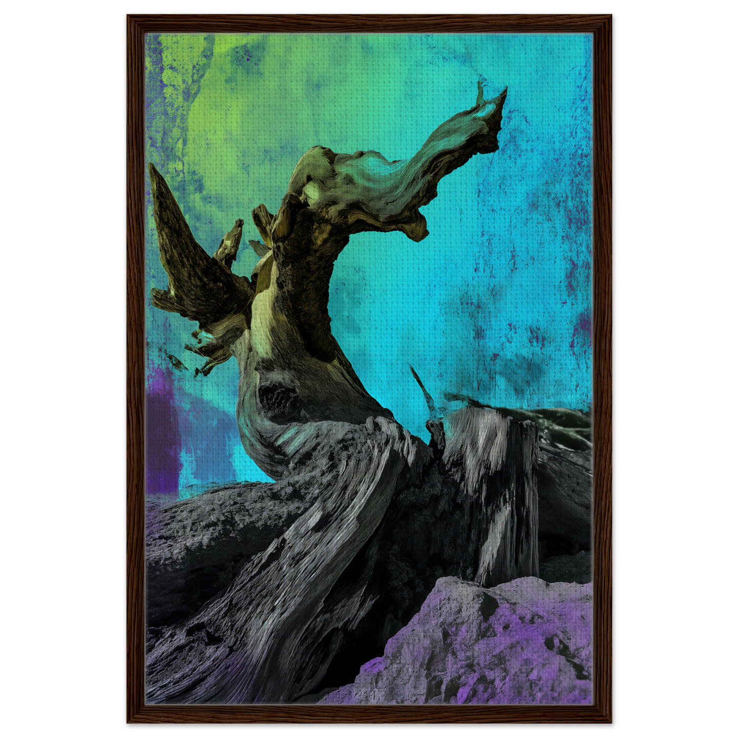 Gnarled driftwood with bare branches in Elysian Roots Yearning framed canvas print