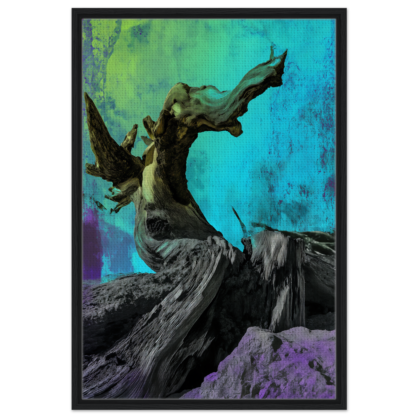 Elysian Roots Yearning artwork featuring a gnarled tree trunk for unique room decor