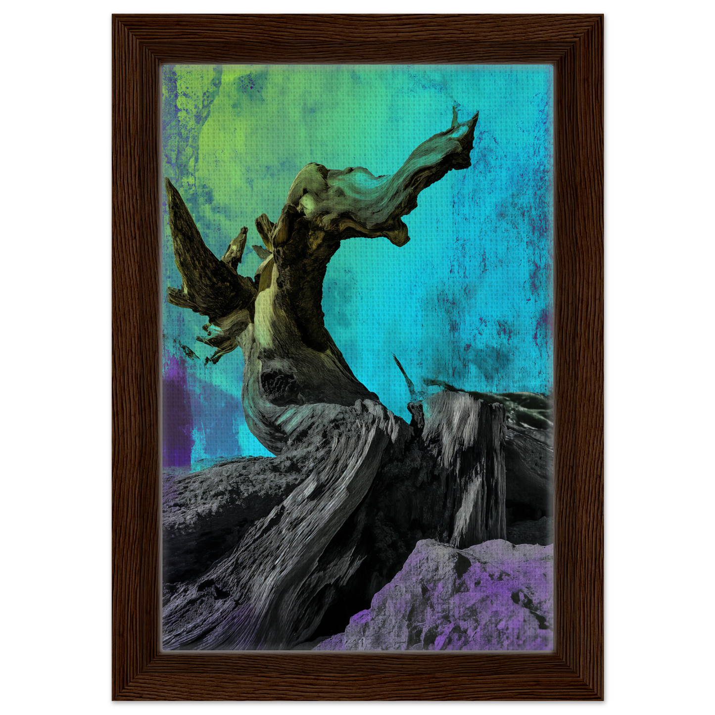 Twisted gnarled tree trunk with bare branches in Elysian Roots Yearning framed canvas print