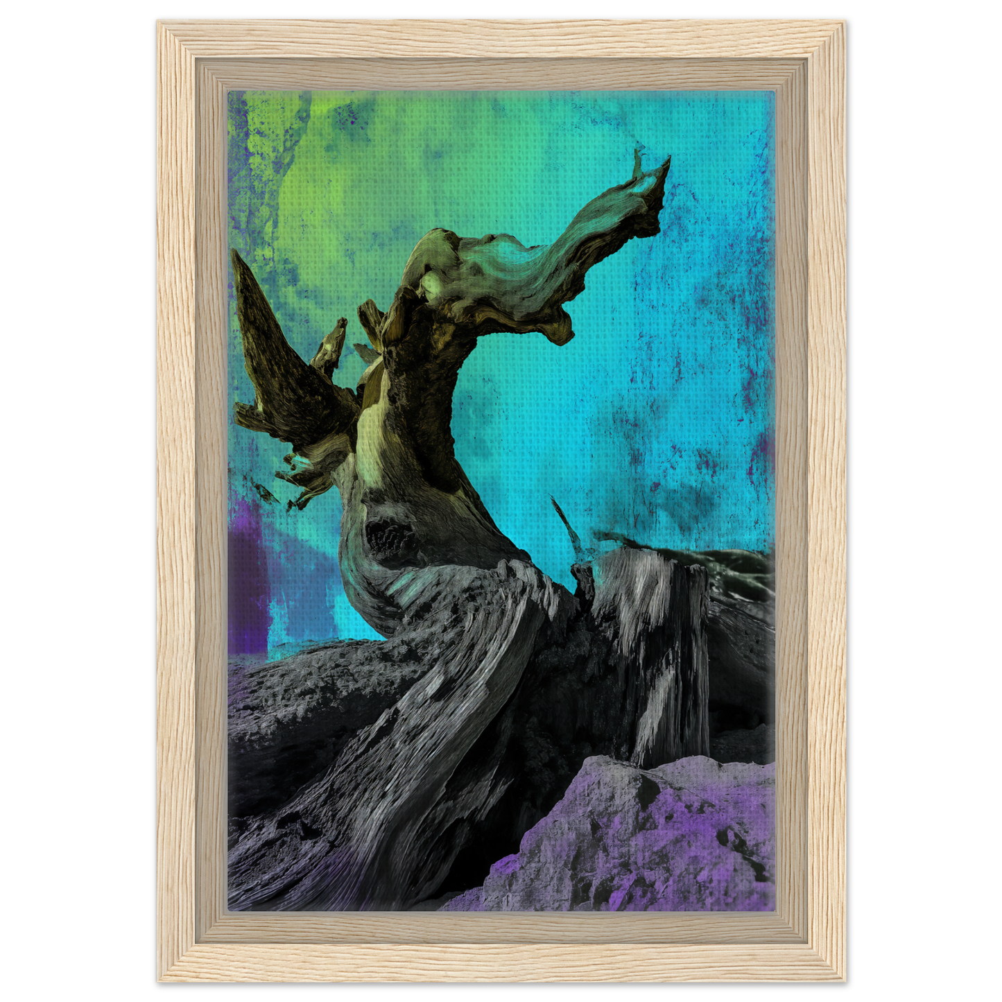 Twisted gnarled tree trunk with bare branches in Elysian Roots Yearning framed canvas print