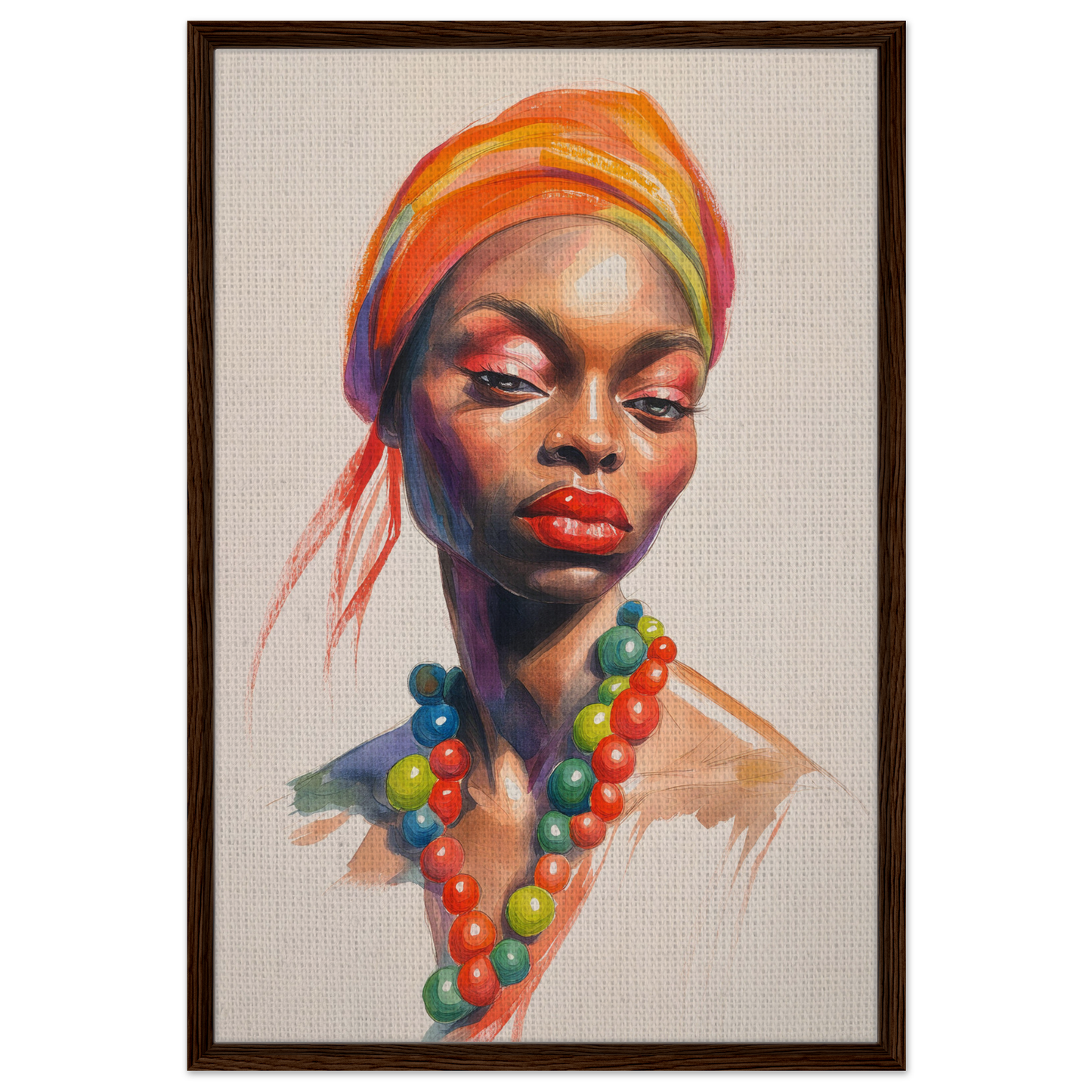 Vibrant portrait of a woman in colorful headwrap and beaded necklace from Fashion Oracle™