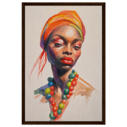 Vibrant portrait of a woman in colorful headwrap and beaded necklace from Fashion Oracle™