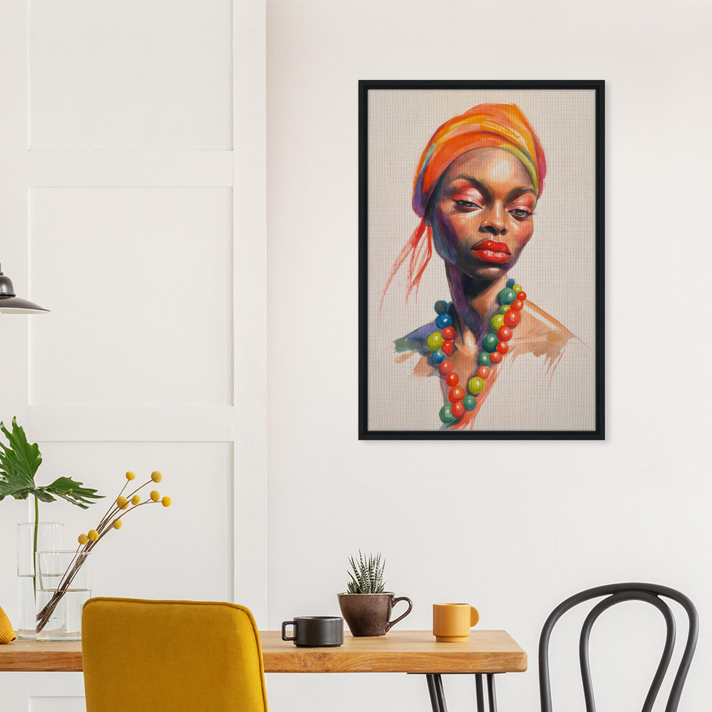 Framed canvas print of a woman in vibrant headwrap from Fashion Oracle