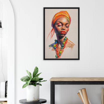 Vibrant portrait painting of a woman with colorful headwrap, perfect for Fashion Oracle room decor