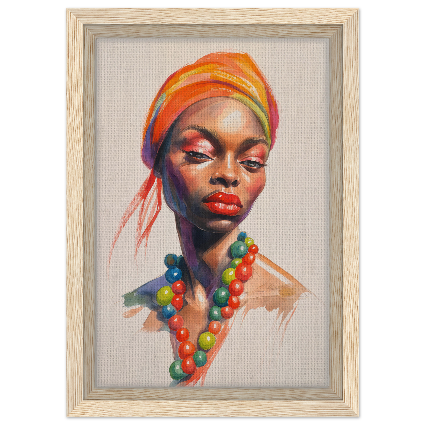 Portrait painting of a woman in a colorful headwrap, a fashion oracle™ for room decor