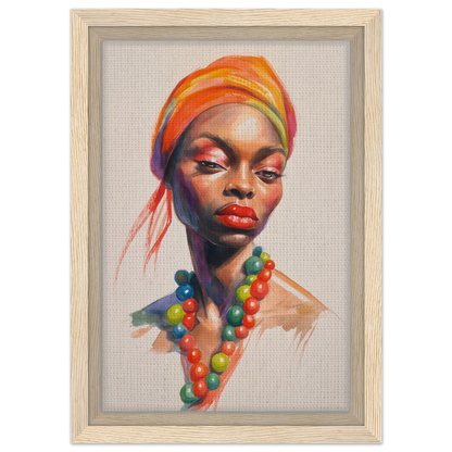 Portrait painting of a woman in a colorful headwrap, a fashion oracle™ for room decor