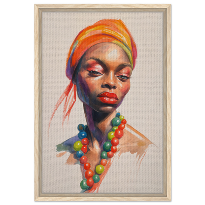 Portrait painting of a woman in vibrant orange headwrap for Embers of Identity room decor