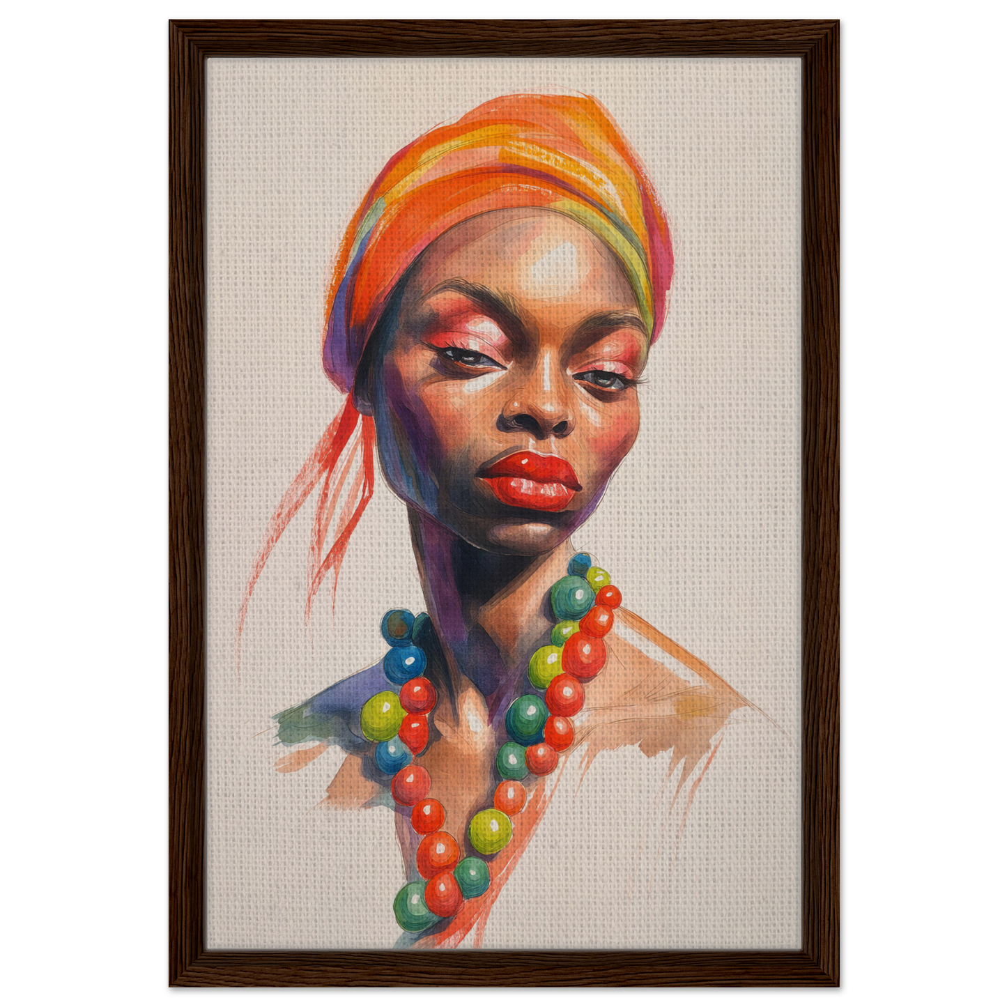 Portrait of a woman in vibrant orange headwrap, a statement for fashion oracle™ room decor