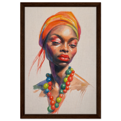 Portrait of a woman in vibrant orange headwrap, a statement for fashion oracle™ room decor