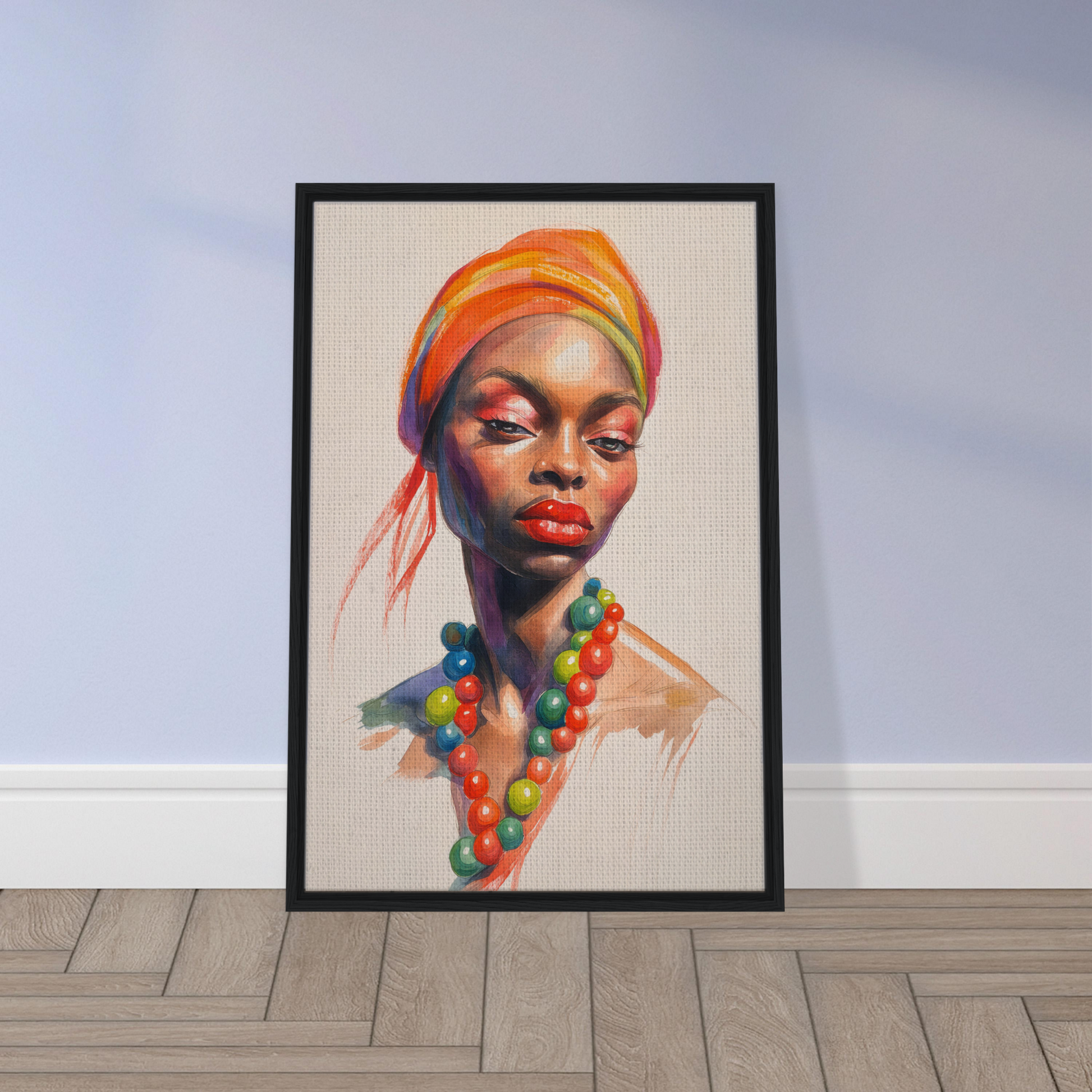 Framed portrait of a woman in vibrant orange headwrap, a piece of Fashion Oracle™ room decor