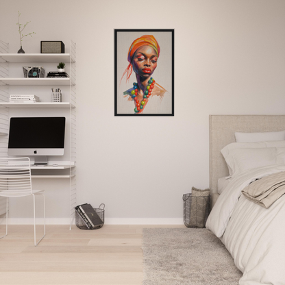 Colorful portrait of woman with orange headwrap and beaded necklace for fashion oracle room decor