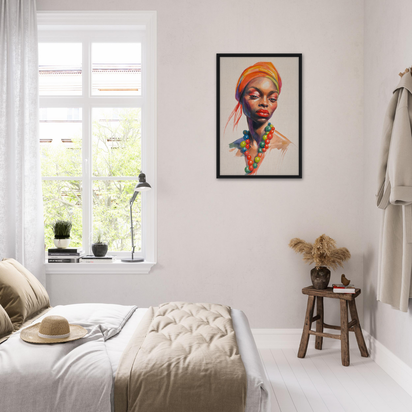 Colorful portrait of a woman in orange headwrap, featured in Embers of Identity framed canvas print