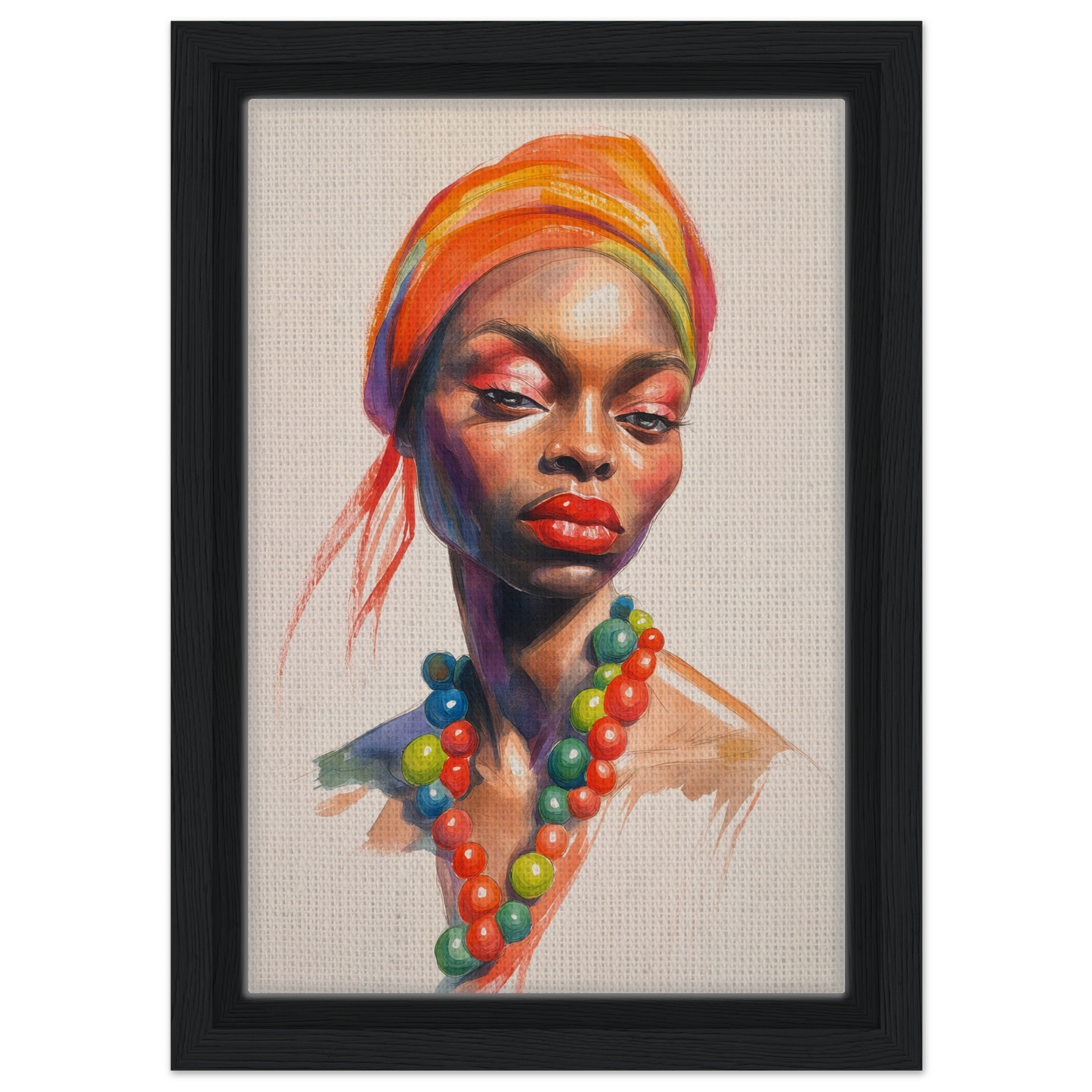 Vibrant portrait of a woman in a colorful headwrap, enhancing fashion oracle™ room decor