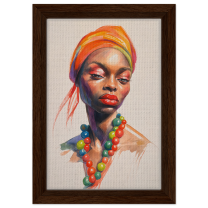 Colorful portrait of a woman in vibrant headwrap for Fashion Oracle room decor