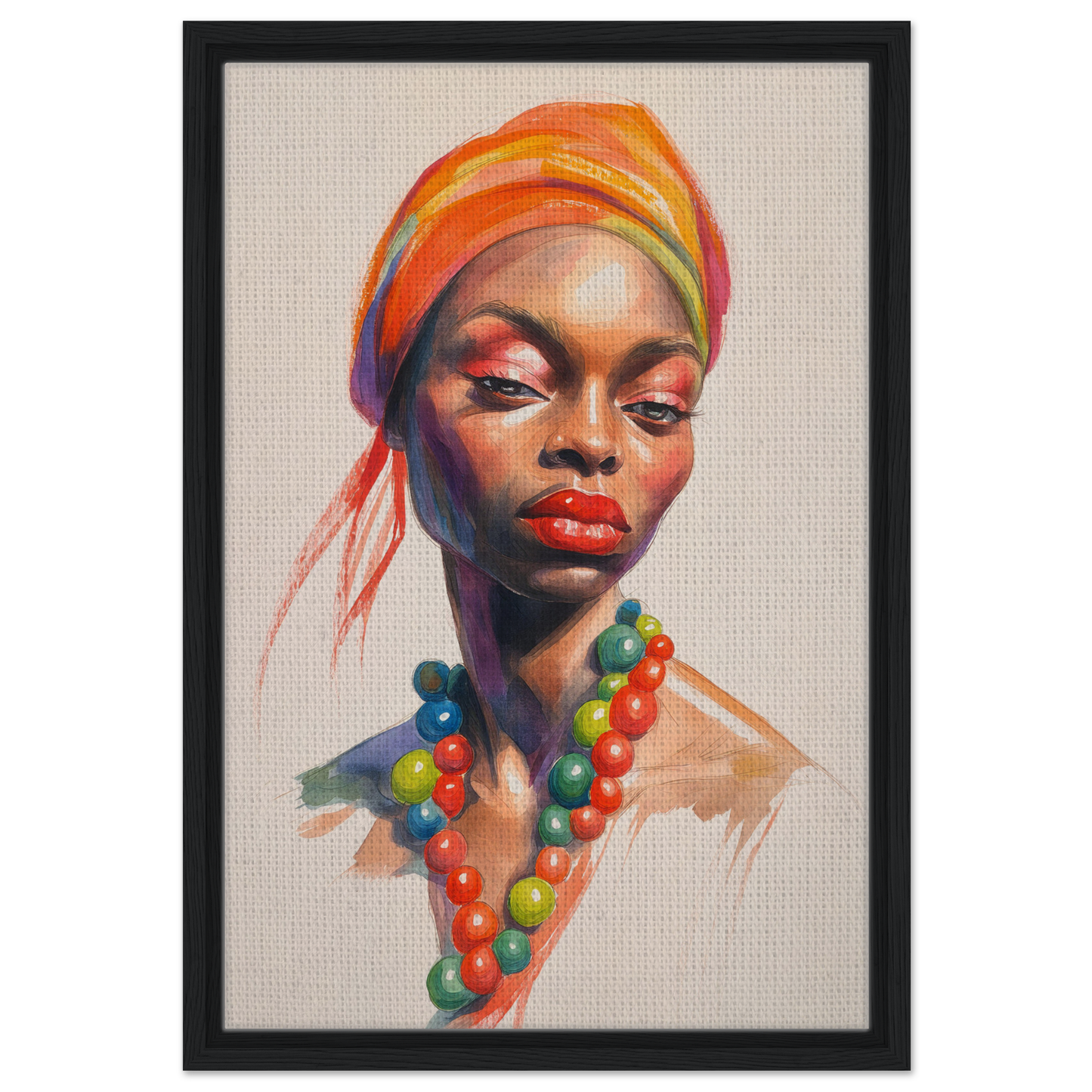 Vibrant portrait of a woman in colorful headwrap and beaded necklace, Embers of Identity framed canvas print